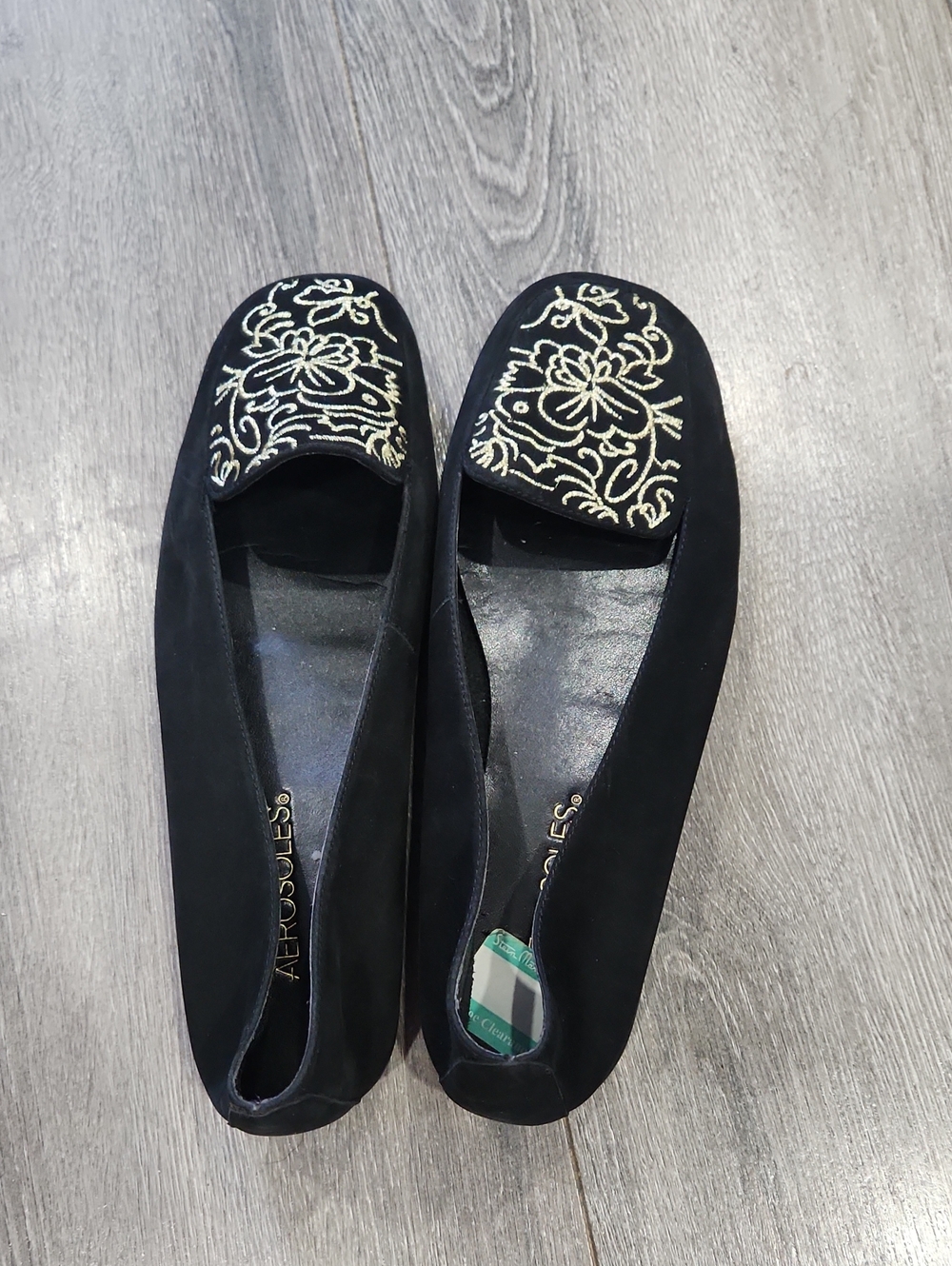 AEROSOLES Black Flats with Gold Floral Embroidery